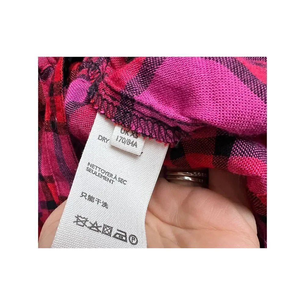 Free People Pacific Dawn Plaid Shirt Hot Pink Red Plaid Snap Button Down Sz. XS